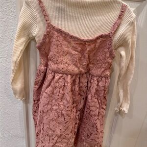 Mae Li Rose Pink Lace Dress with Cream Ribbed Top